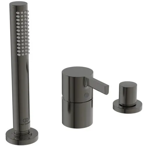 Drei Teile eines Wannenrandarmatur-Systems von Ideal Standard in mattem Grau: ein Auslauf mit Rillen, ein Bedienhebel und ein Umsteller.